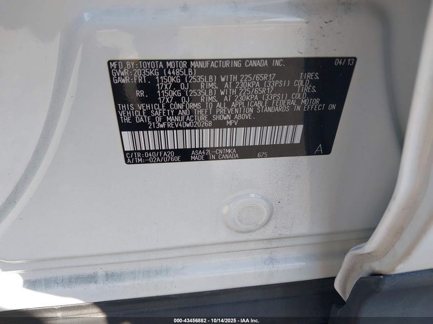 2013 TOYOTA RAV4 XLE 2T3WFREV4DW020268