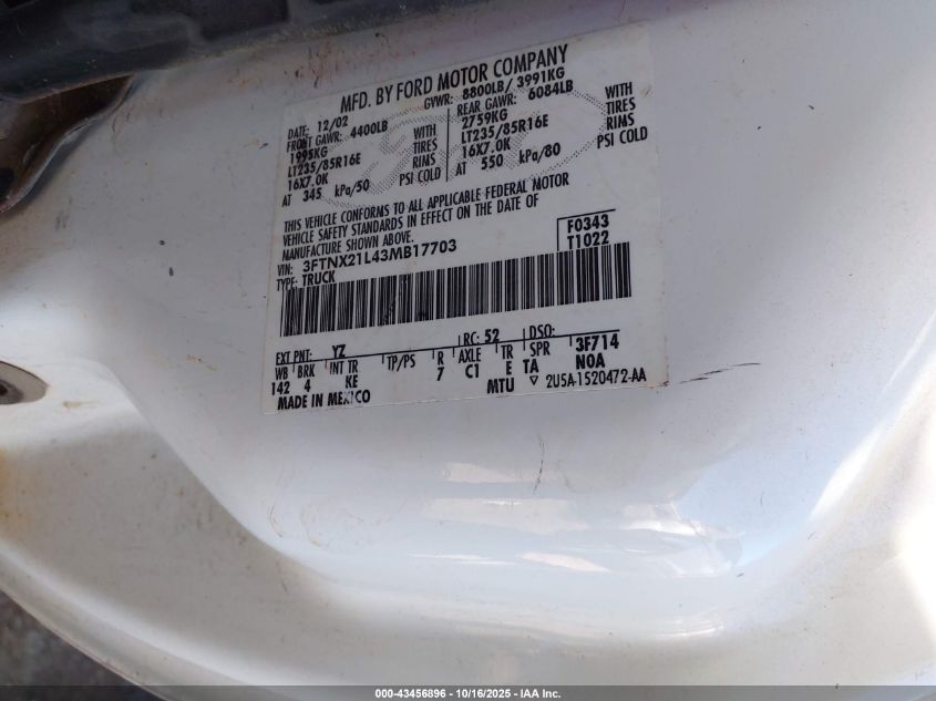 2003 Ford F-250 Lariat/Xl/Xlt VIN: 3FTNX21L43MB17703 Lot: 43456896