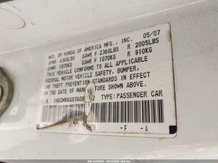 2007 Honda Accord 3.0 Se VIN: 1HGCM66497A086042 Lot: 43456925