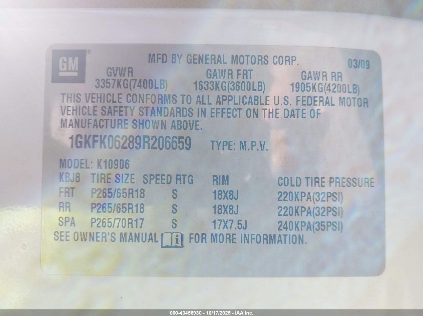 2009 GMC Yukon Xl 1500 Denali VIN: 1GKFK06289R206659 Lot: 43456930