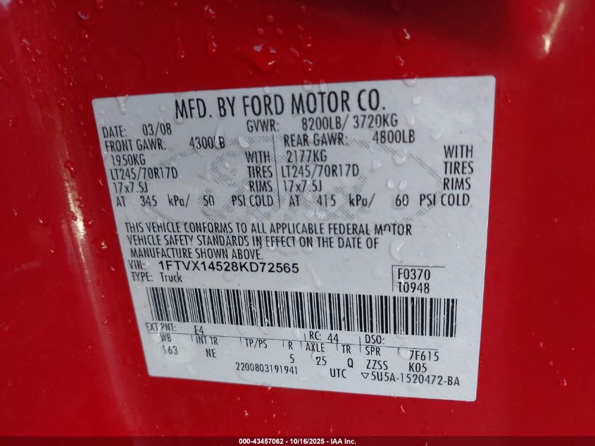 2008 Ford F-150 Xl/Xlt VIN: 1FTVX14528KD72565 Lot: 43457062