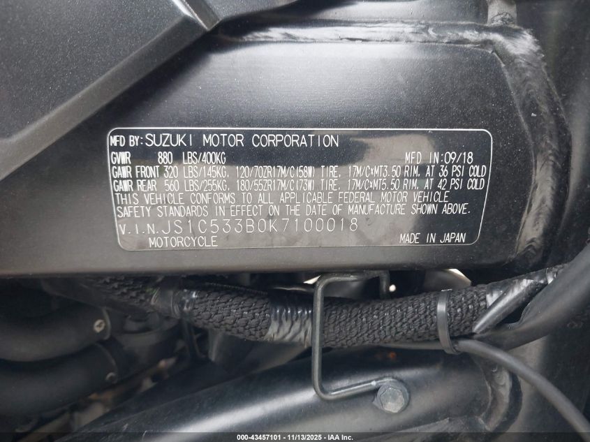2019 Suzuki Gsx-S750 M/Z VIN: JS1C533B0K7100018 Lot: 43457101