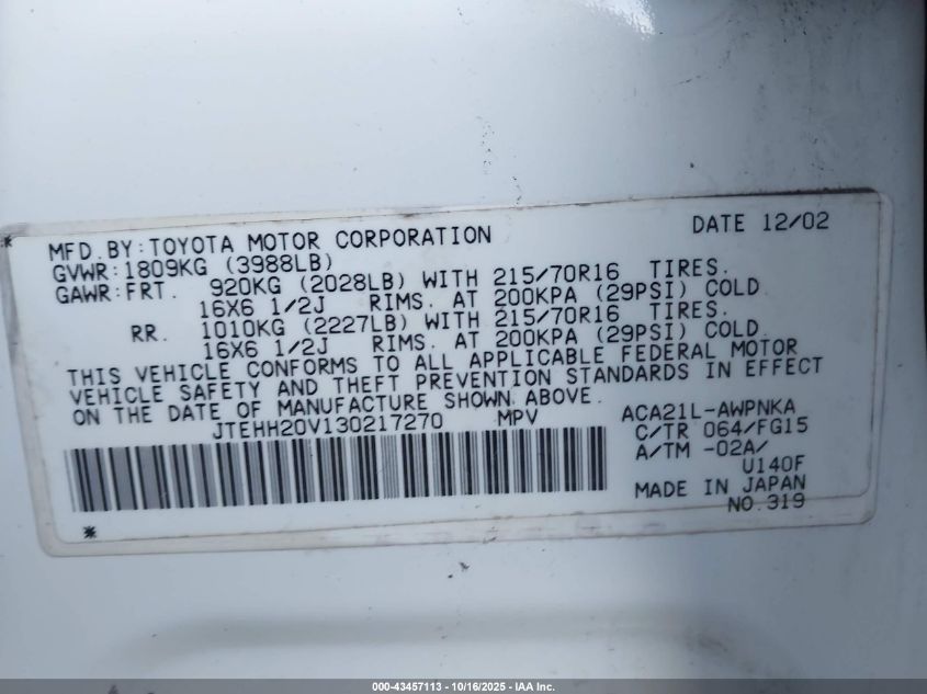 2003 Toyota Rav4 VIN: JTEHH20V130217270 Lot: 43457113