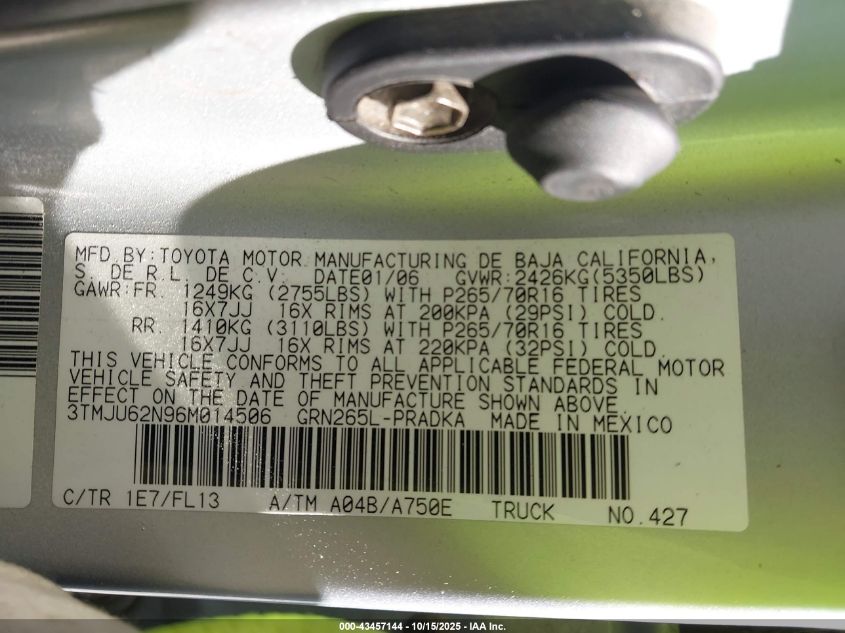 2006 Toyota Tacoma Prerunner V6 VIN: 3TMJU62N96M014506 Lot: 43457144