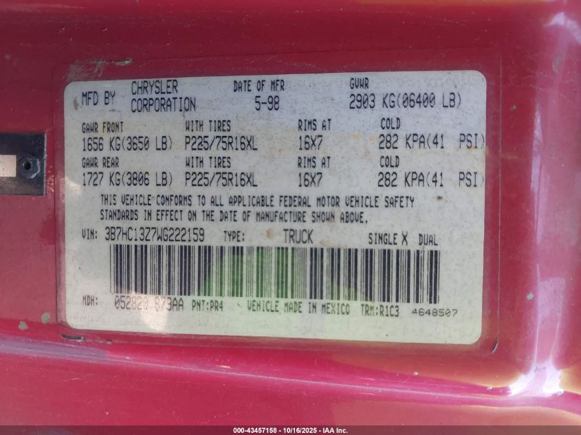 1998 Dodge Ram 1500 St VIN: 3B7HC13Z7WG222159 Lot: 43457158