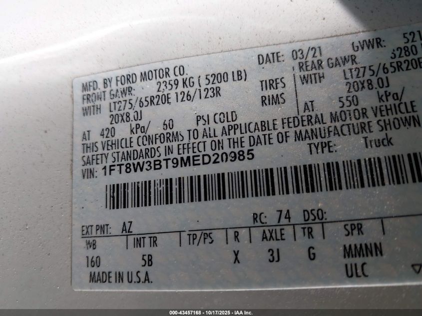2021 Ford F-350 Lariat VIN: 1FT8W3BT9MED20985 Lot: 43457168