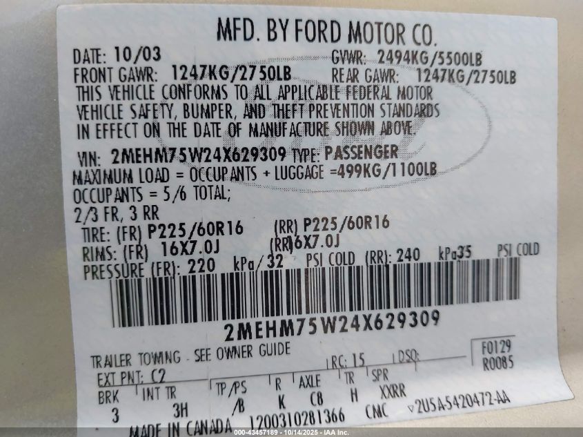 2004 Mercury Grand Marquis Ls VIN: 2MEHM75W24X629309 Lot: 43457189