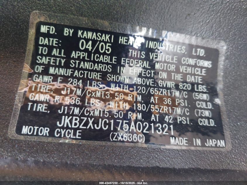 2005 Kawasaki Zx636 C1 VIN: JKBZXJC175A021321 Lot: 43457230