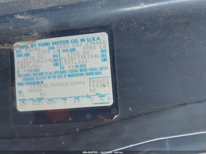 1986 Ford F150 VIN: 1FTEX15N5GKA32484 Lot: 43457251