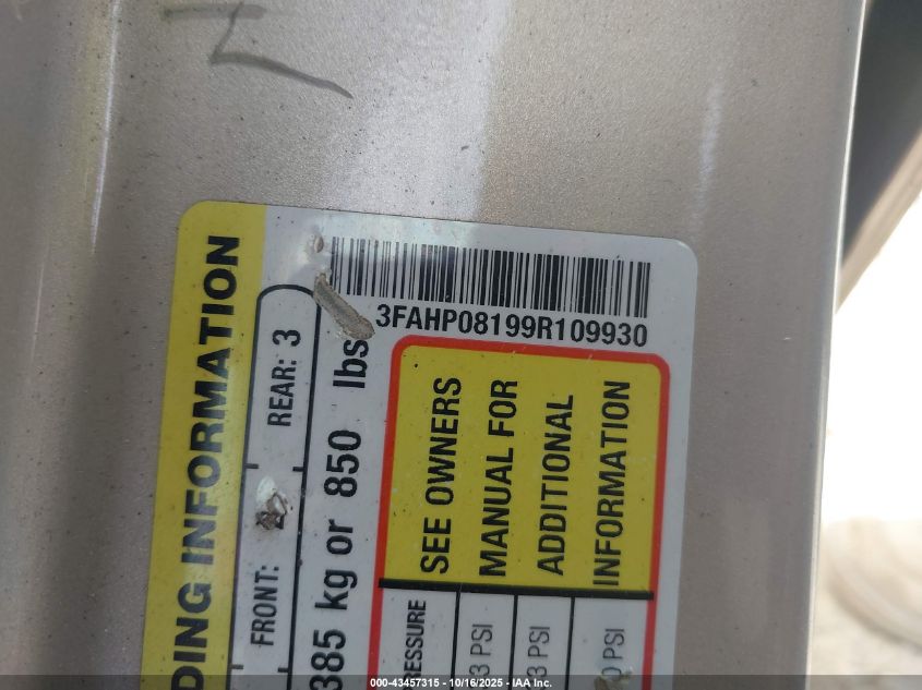 2009 Ford Fusion Sel VIN: 3FAHP08199R109930 Lot: 43457315