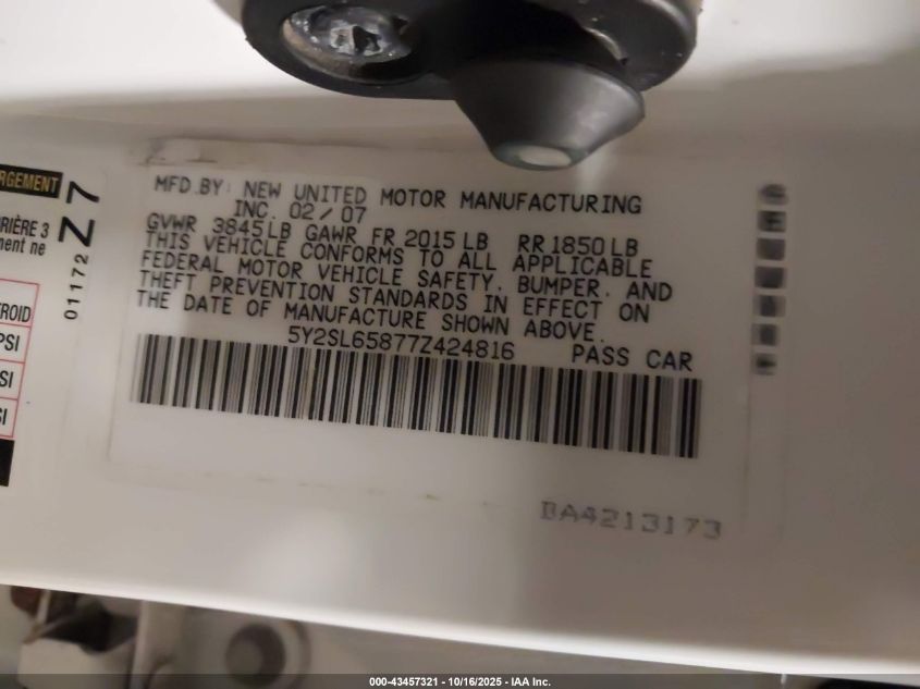 2007 Pontiac Vibe VIN: 5Y2SL65877Z424816 Lot: 43457321