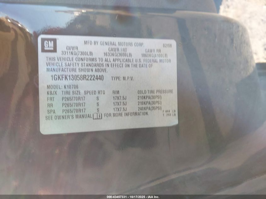 2008 GMC Yukon Slt VIN: 1GKFK13058R222440 Lot: 43457331