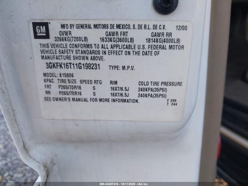 2001 GMC Yukon Xl 1500 Slt VIN: 3GKFK16T11G198231 Lot: 43457416