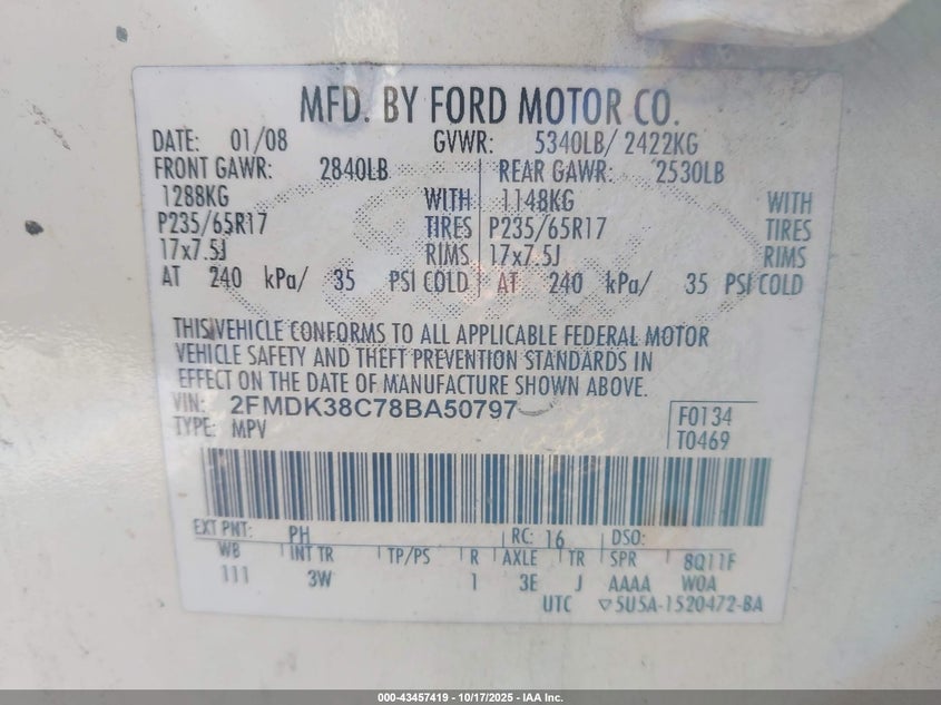 2FMDK38C78BA50797 2008 FORD EDGE photo no. 9