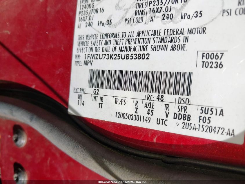 2005 Ford Explorer Xlt/Xlt Sport VIN: 1FMZU73K25UB53802 Lot: 43457434