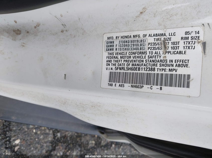 2014 HONDA ODYSSEY EX-L - 5FNRL5H60EB112388