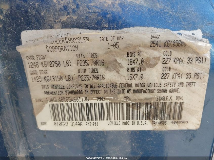 2005 Jeep Liberty Sport VIN: 1J4GL48K65W601138 Lot: 43457472