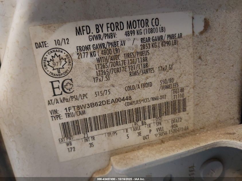 2013 Ford F-350 Xlt VIN: 1FT8W3B62DEA00448 Lot: 43457490