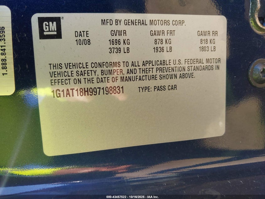 1G1AT18H997198831 2009 CHEVROLET COBALT photo no. 9