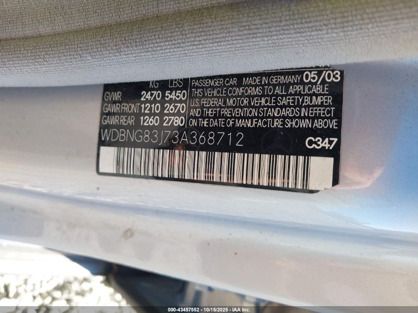 2003 Mercedes-Benz S 430 VIN: WDBNG83J73A368712 Lot: 43457552