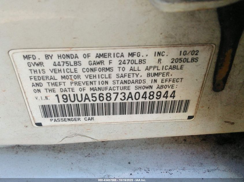 2003 Acura Tl 3.2 Type S VIN: 19UUA56873A048944 Lot: 43457568