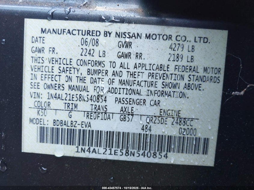 1N4AL21E58N540854 2008 NISSAN ALTIMA photo no. 9