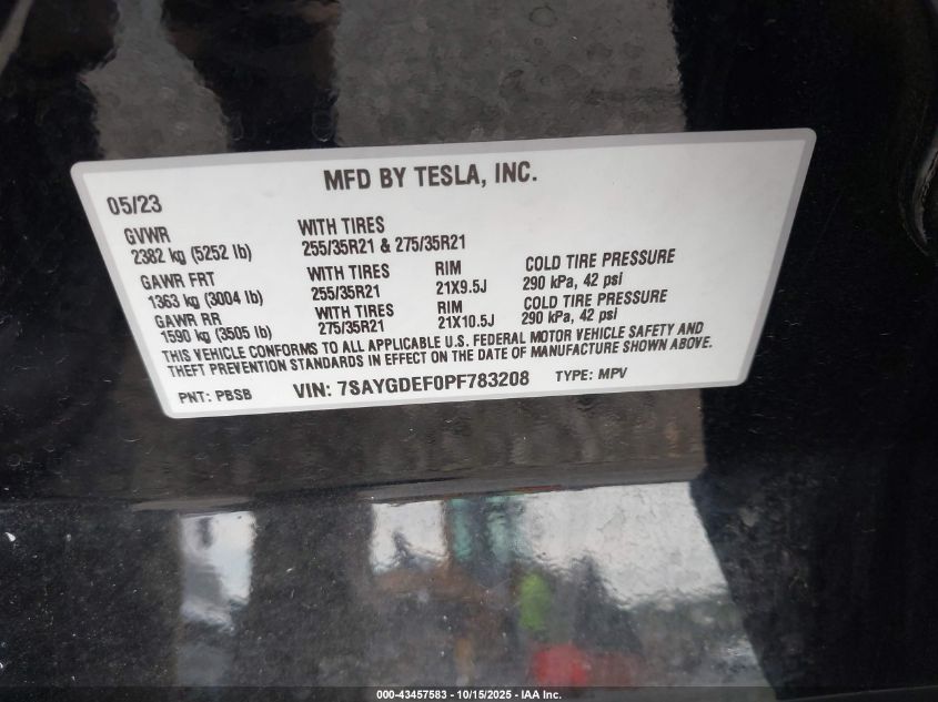 2023 Tesla Model Y Performance Dual Motor All-Wheel Drive VIN: 7SAYGDEF0PF783208 Lot: 43457583