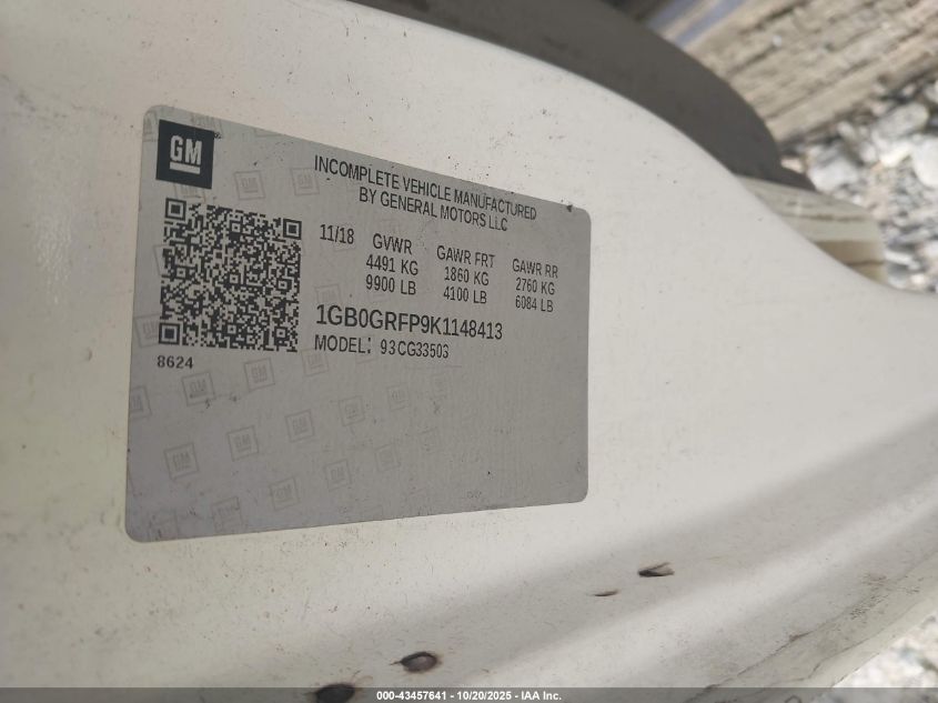 2019 Chevrolet Express Cutaway Work Van VIN: 1GB0GRFP9K1148413 Lot: 43457641