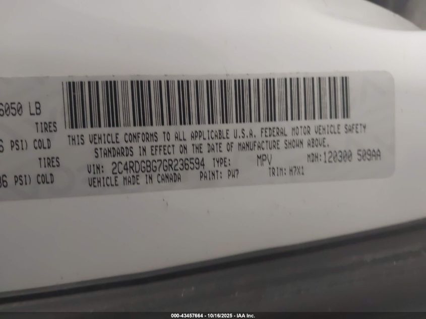 2016 Dodge Grand Caravan Se VIN: 2C4RDGBG7GR236594 Lot: 43457664