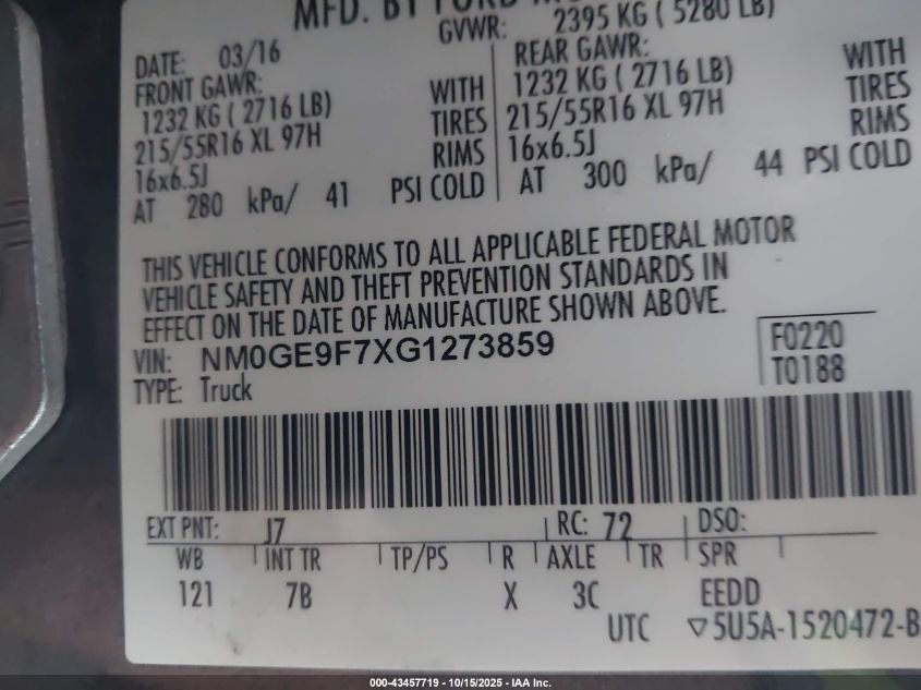 2016 Ford Transit Connect Xlt VIN: NM0GE9F7XG1273859 Lot: 43457719