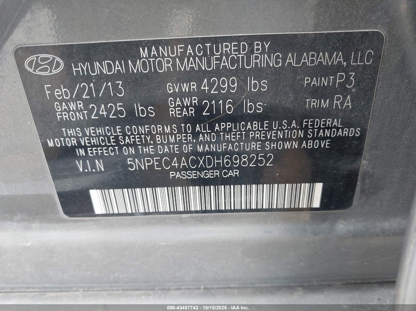 2013 HYUNDAI SONATA LIMITED 5NPEC4ACXDH698252