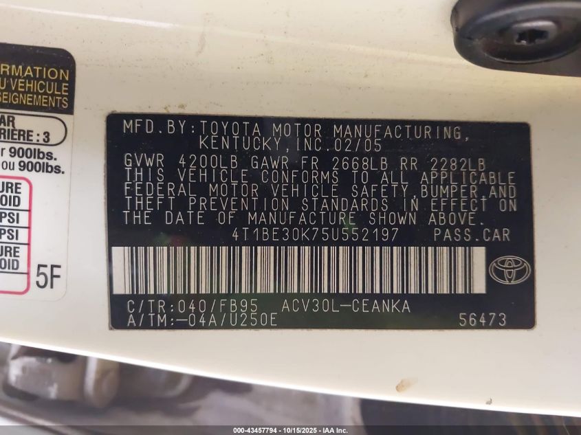 2005 Toyota Camry Le VIN: 4T1BE30K75U552197 Lot: 43457794