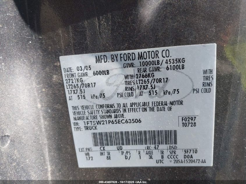 2005 Ford F-250 Lariat/Xl/Xlt VIN: 1FTSW21P65EC63506 Lot: 43457828