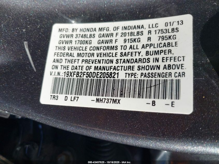 2013 Honda Civic Lx VIN: 19XFB2F50DE205821 Lot: 43457829