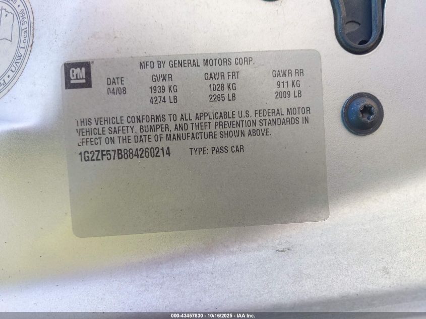 2008 Pontiac G6 Value Leader VIN: 1G2ZF57B884260214 Lot: 43457830