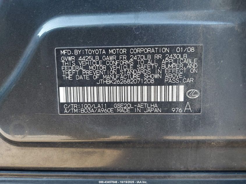 2008 Lexus Is 250 VIN: JTHBK262682071208 Lot: 43457846