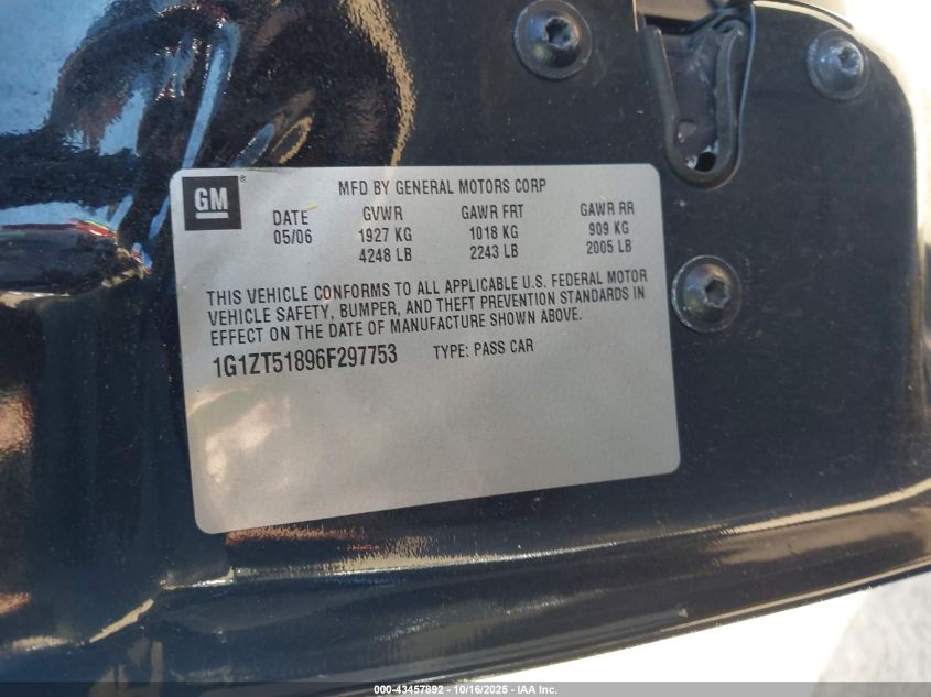2006 Chevrolet Malibu Lt VIN: 1G1ZT51896F297753 Lot: 43457892