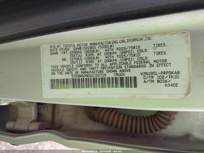 2002 Toyota Tacoma Prerunner V6 VIN: 5TEGN92N02Z120719 Lot: 43457914