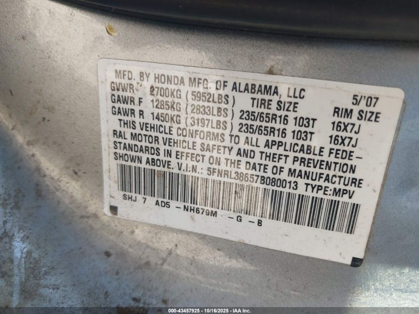 2007 Honda Odyssey Ex-L VIN: 5FNRL38657B080013 Lot: 43457925