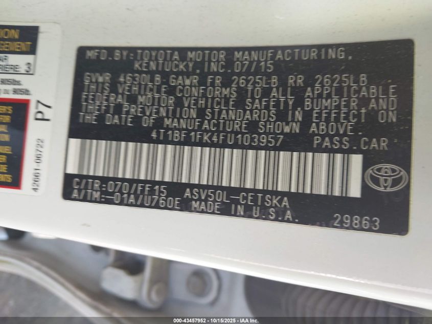 2015 Toyota Camry Se VIN: 4T1BF1FK4FU103957 Lot: 43457952