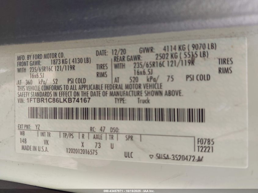 2020 Ford Transit-250 VIN: 1FTBR1C86LKB74167 Lot: 43457971