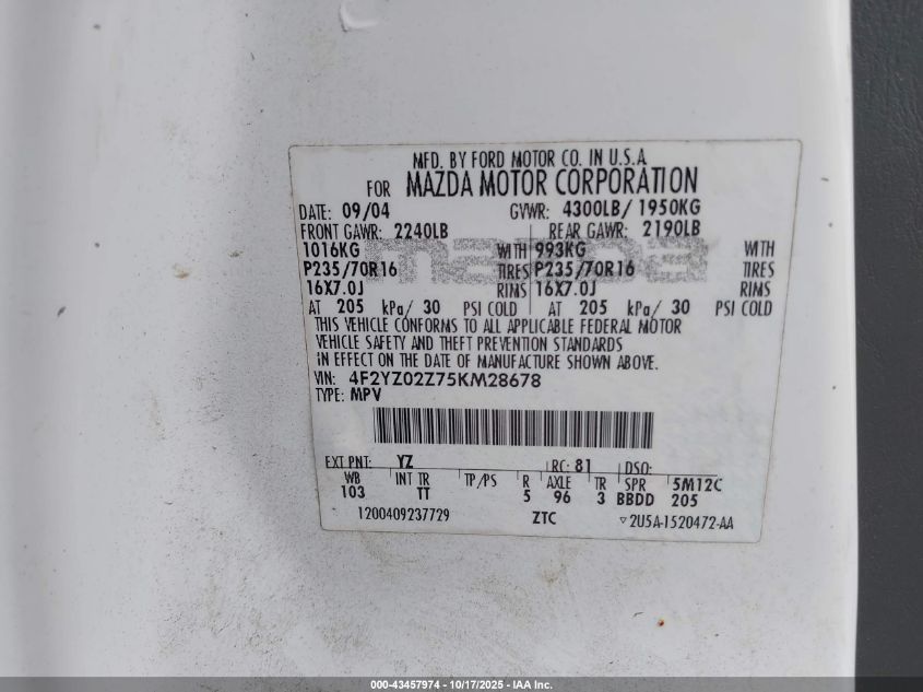 2005 Mazda Tribute I VIN: 4F2YZ02Z75KM28678 Lot: 43457974