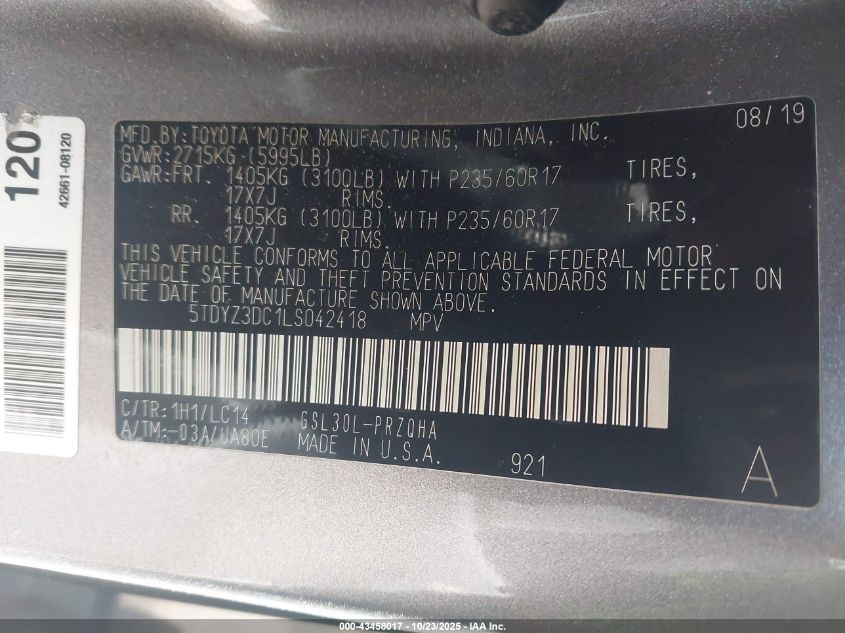 2020 TOYOTA SIENNA XLE 5TDYZ3DC1LS042418