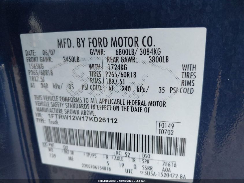 2007 Ford F-150 Xlt VIN: 1FTRW12W17KD26112 Lot: 43458038