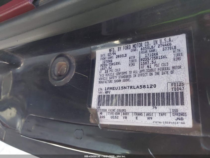 1994 Ford Bronco U100 VIN: 1FMEU15N7RLA58120 Lot: 43458130