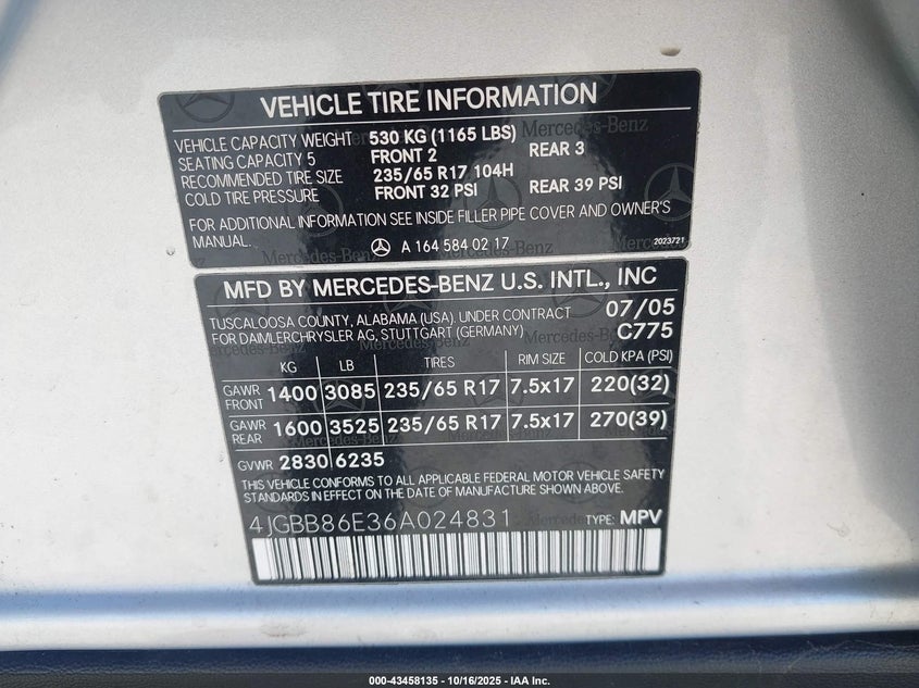2006 Mercedes-Benz Ml 350 4Matic VIN: 4JGBB86E36A024831 Lot: 43458135