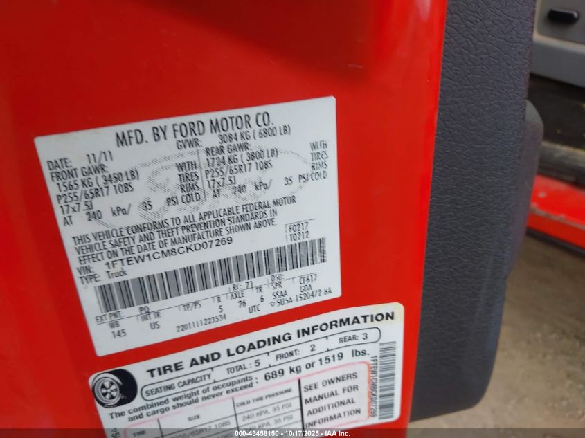 2012 Ford F-150 Xlt VIN: 1FTEW1CM8CKD07269 Lot: 43458150