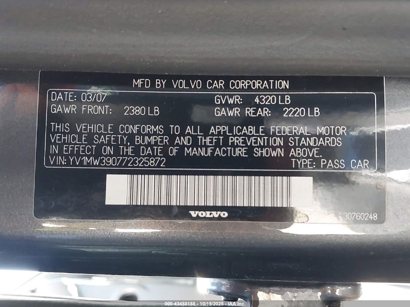 2007 Volvo V50 2.4I VIN: YV1MW390772325872 Lot: 43458158