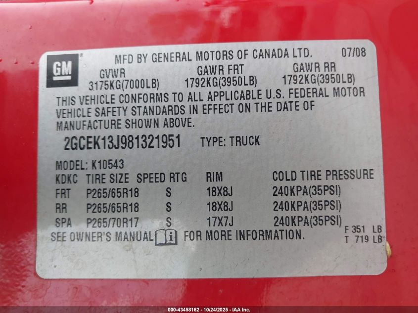 2008 Chevrolet Silverado 1500 Lt2 VIN: 2GCEK13J981321951 Lot: 43458162