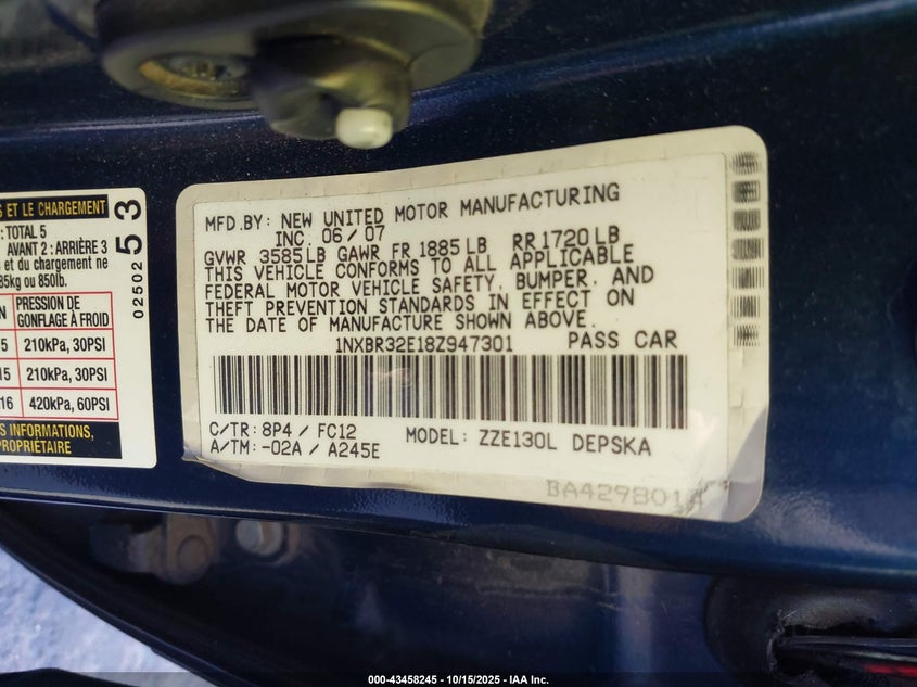 1NXBR32E18Z947301 2008 TOYOTA COROLLA photo no. 9